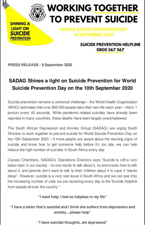 Press Release SADAG Shines a light on Suicide Prevention for World Suicide Prevention Day on the 10th September 2020 1